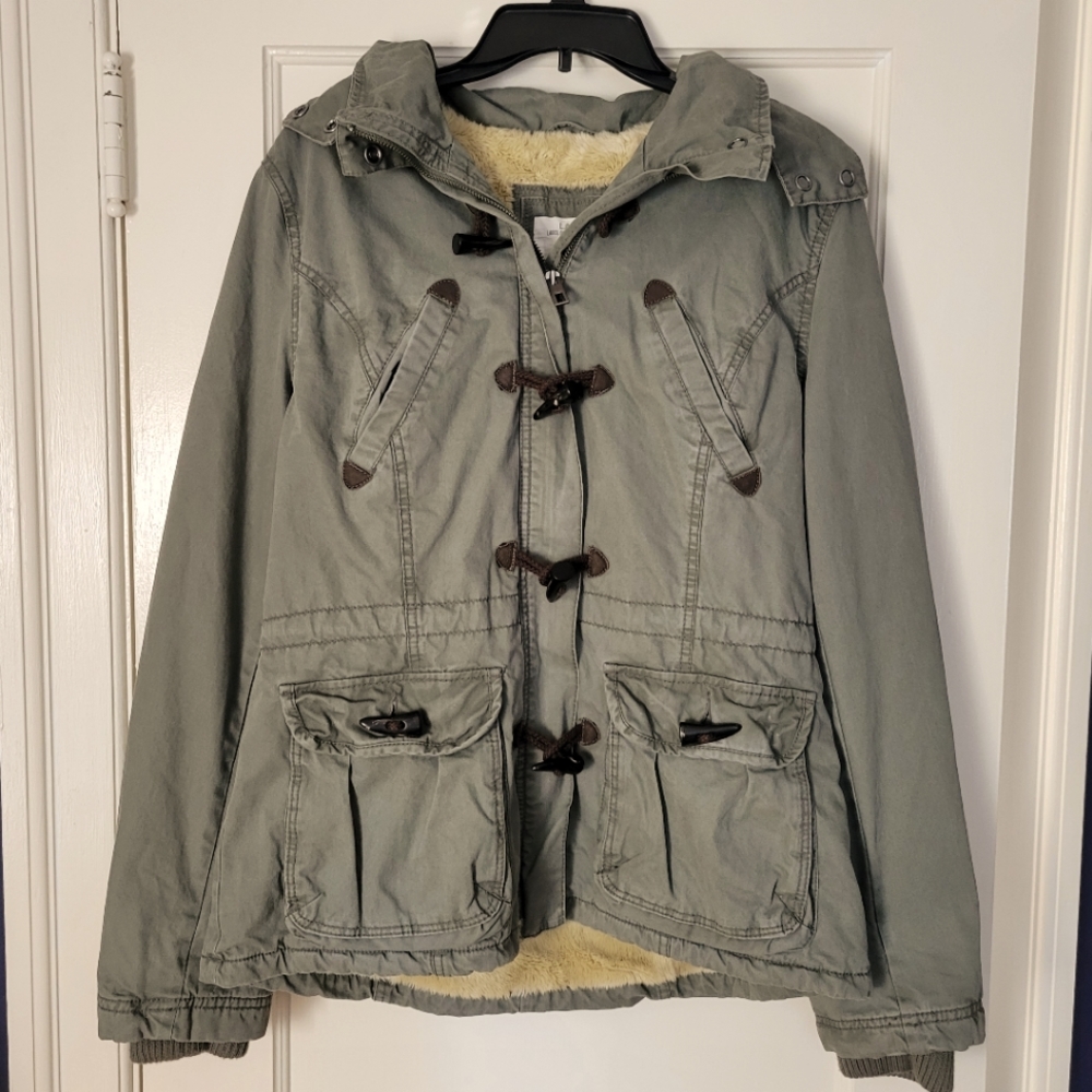 H&M Womens Olive Green Faux Fur Lined Winter Jacket, Size 14, New